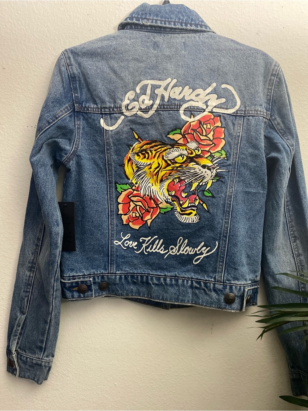 Ed Hardy Blue Denim Jacket with Yellow Tiger and Red Roses